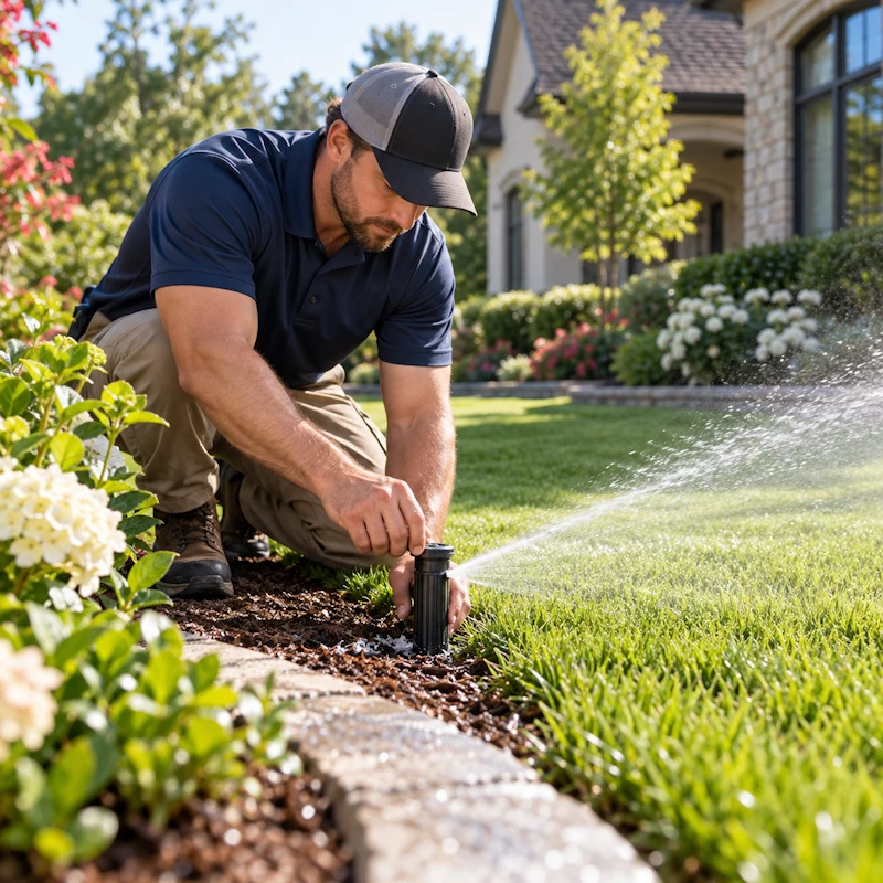 Irrigation maintenance professional adjusting a lawn sprinkler system