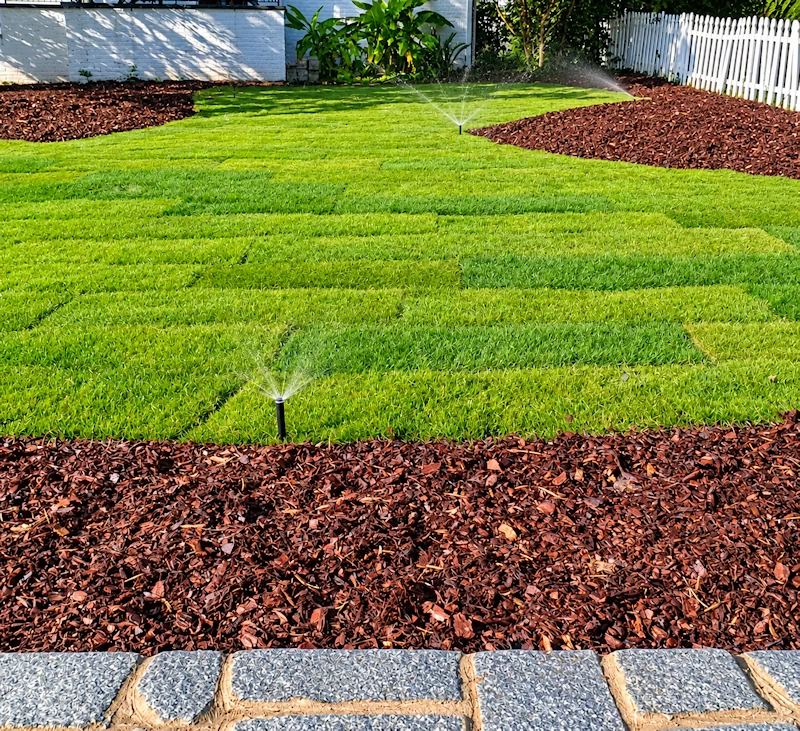 Beautiful residential lawn with an operating sprinkler irrigation system