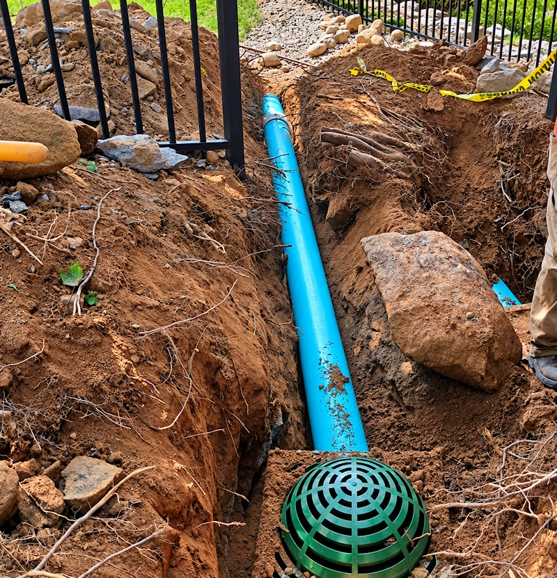 Underground drainage installation with trench and drainage pipe components