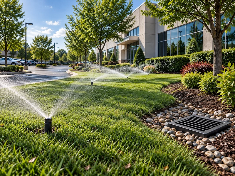 Commercial office property with landscaped lawn and operating irrigation sprinklers